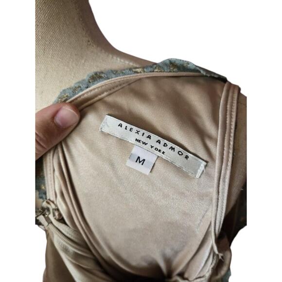 Alexia Admor mini bodycon lace v-neck stretchy blue gold floral dress sz‎ medium - Picture 6 of 7